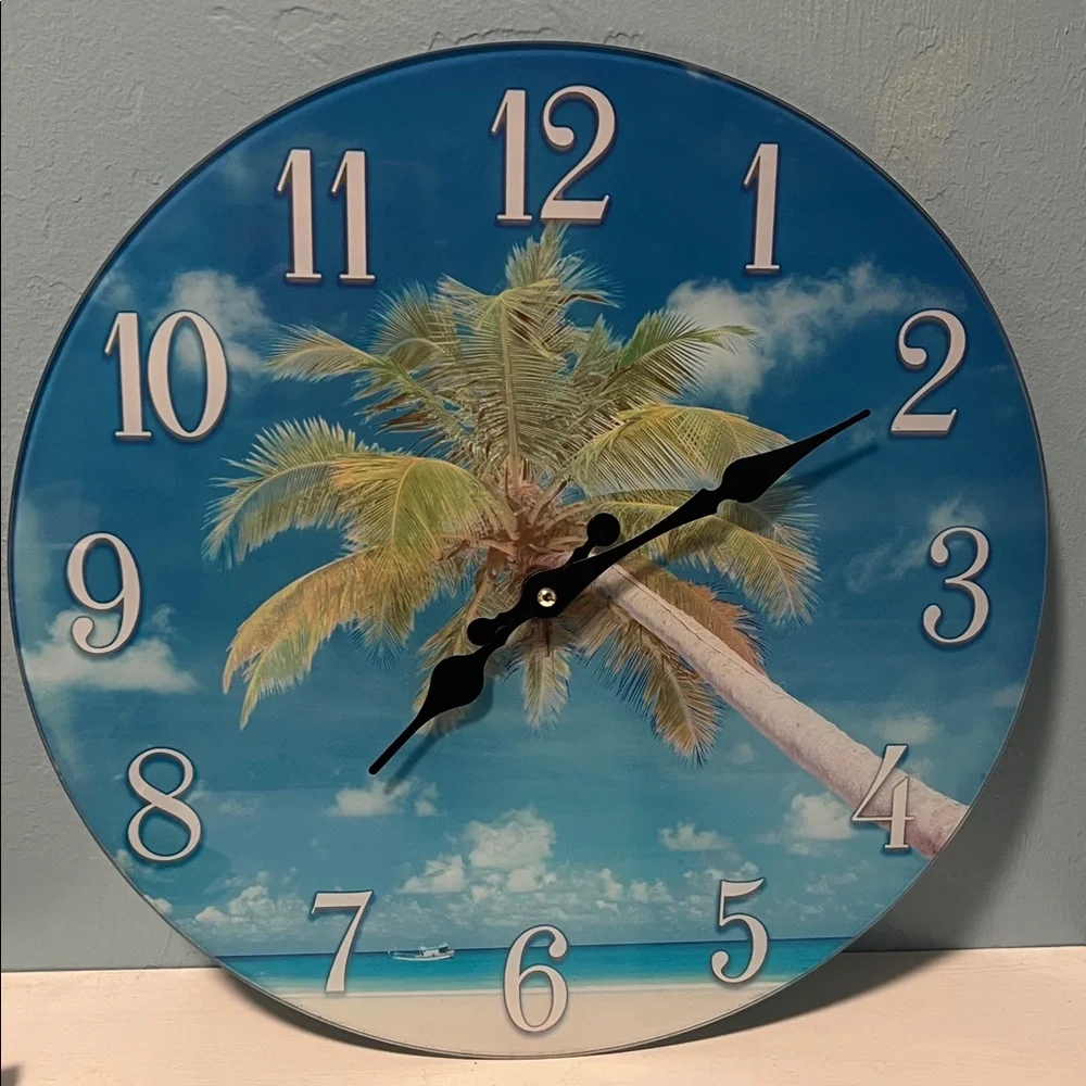 Tropical Glass Blue and White Wall Clock 13” round
